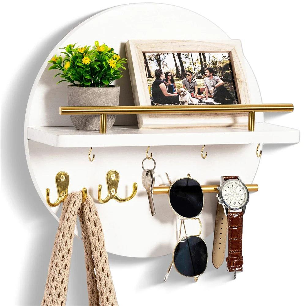 Wooden Key Holder Wall Mounted Entryway Organizer Round Decorative Rack - Image 5