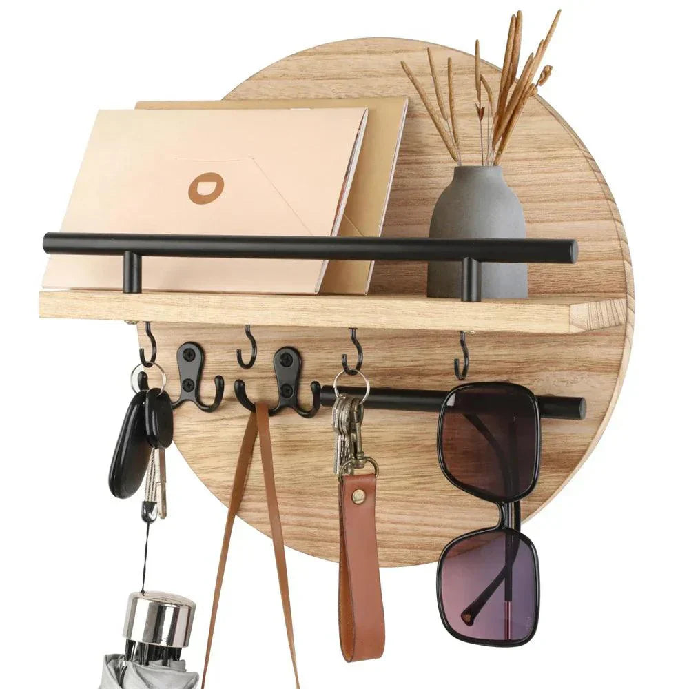 Wooden Key Holder Wall Mounted Entryway Organizer Round Decorative Rack - Image 4