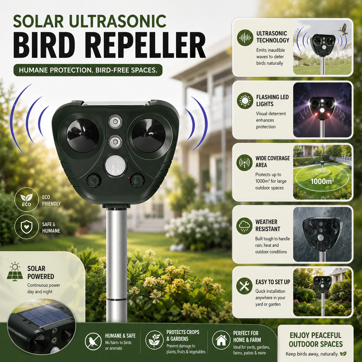 Solar Ultrasonic Bird Repeller Outdoor Garden Yard Pest Control - Image 4