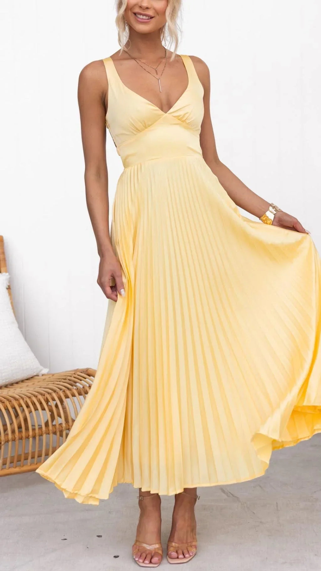 Women's Flattering Solid Yellow Pleated Maxi Dress with V-Neckline