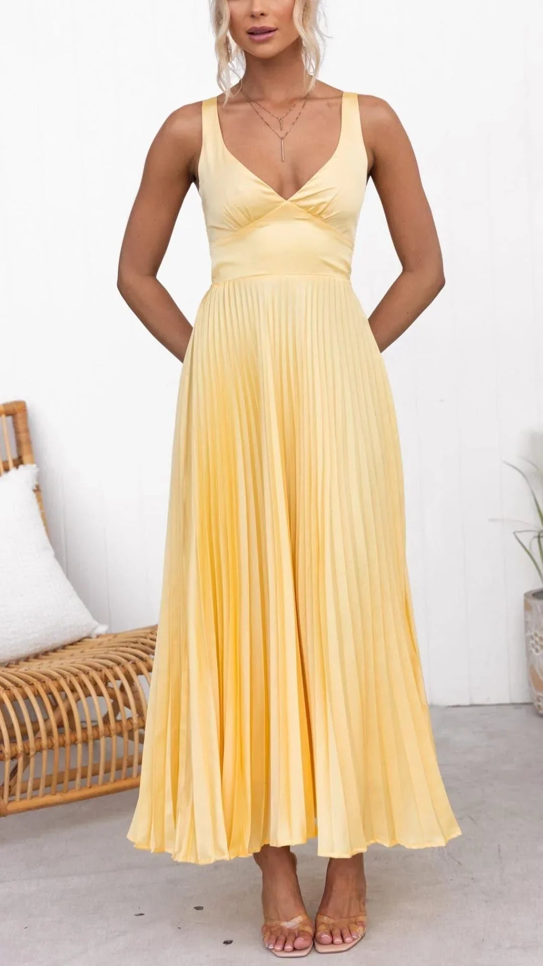 Women's Flattering Solid Yellow Pleated Maxi Dress with V-Neckline