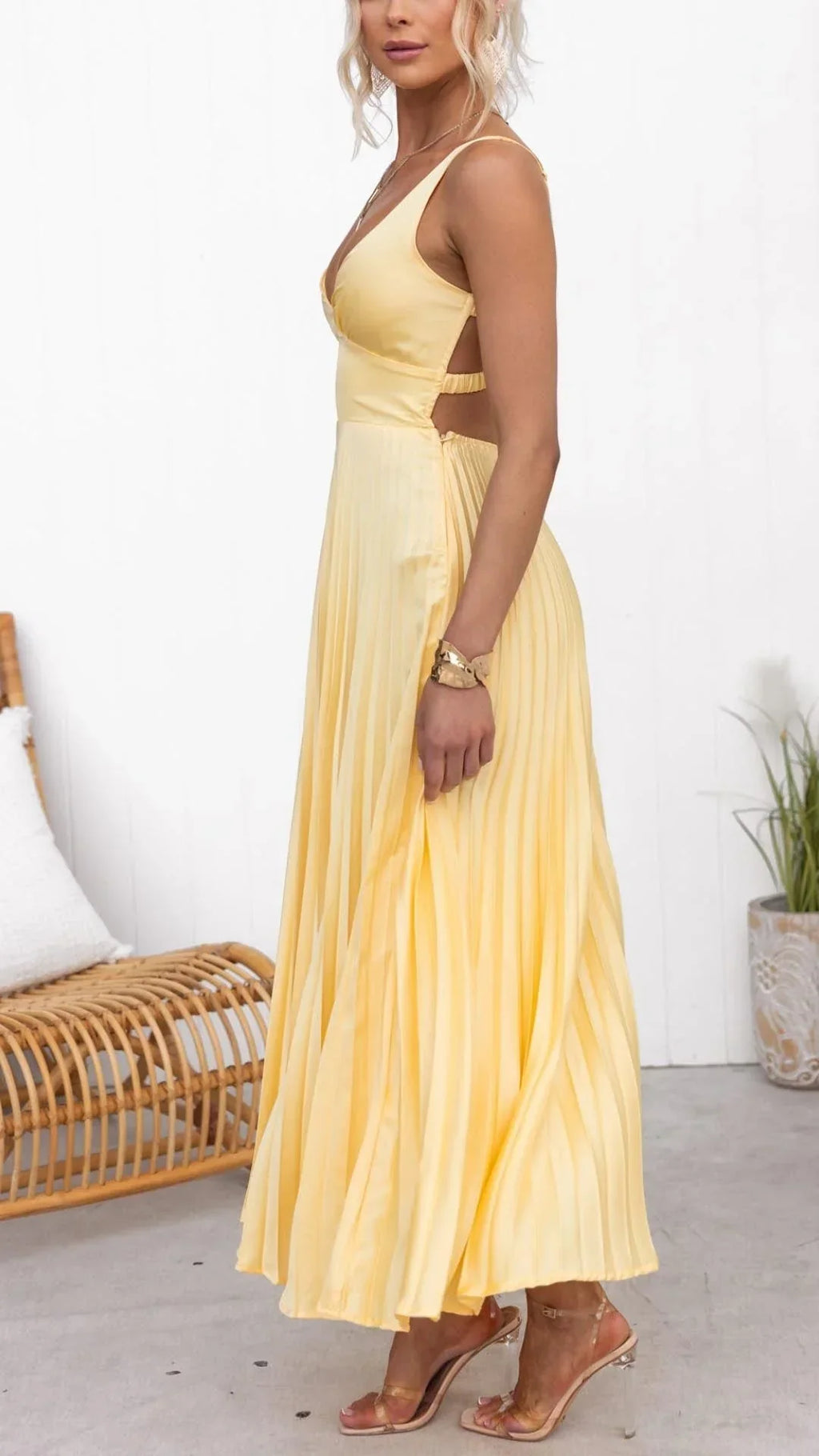 Women's Flattering Solid Yellow Pleated Maxi Dress with V-Neckline