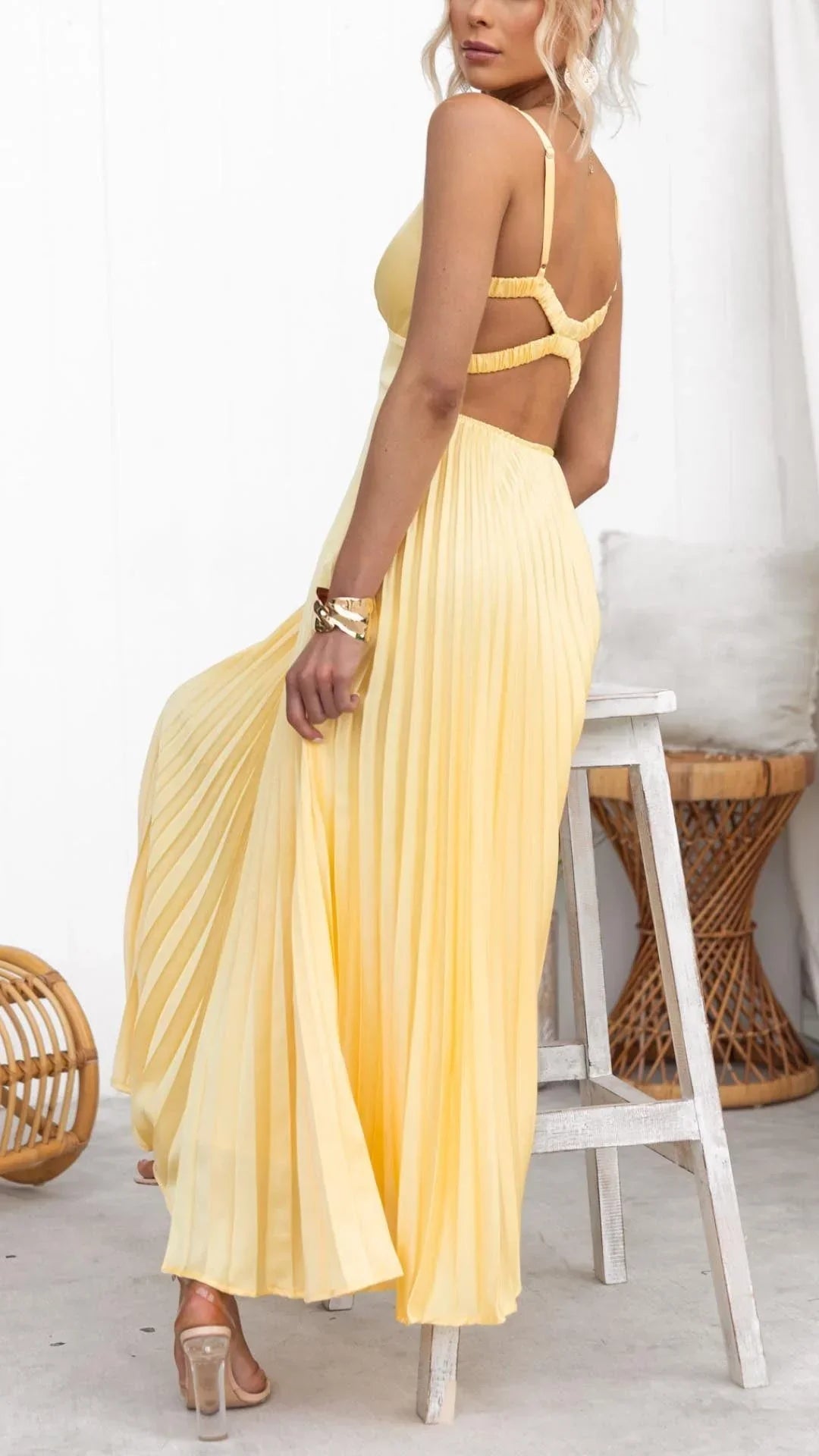 Women's Flattering Solid Yellow Pleated Maxi Dress with V-Neckline