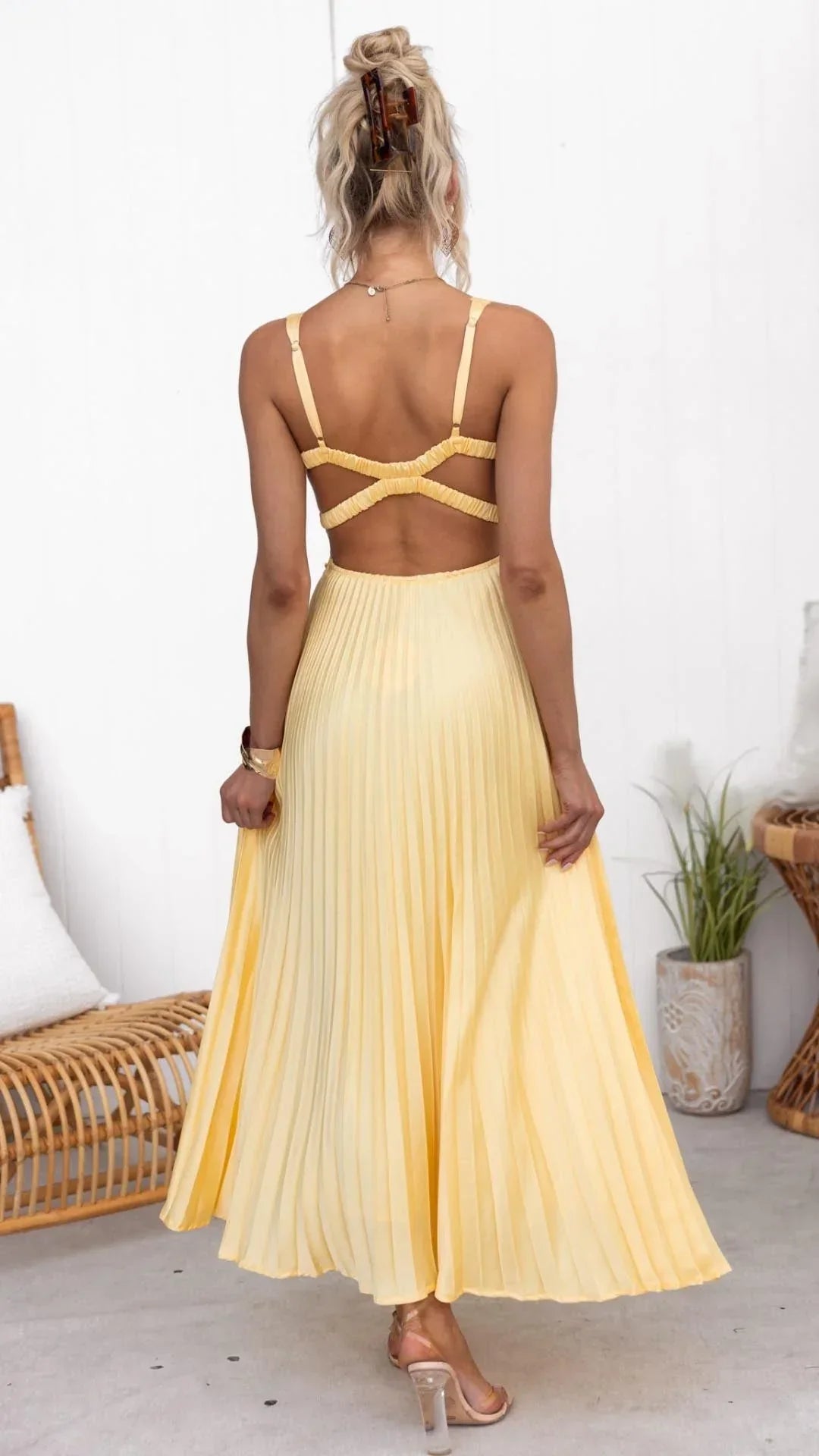 Women's Flattering Solid Yellow Pleated Maxi Dress with V-Neckline