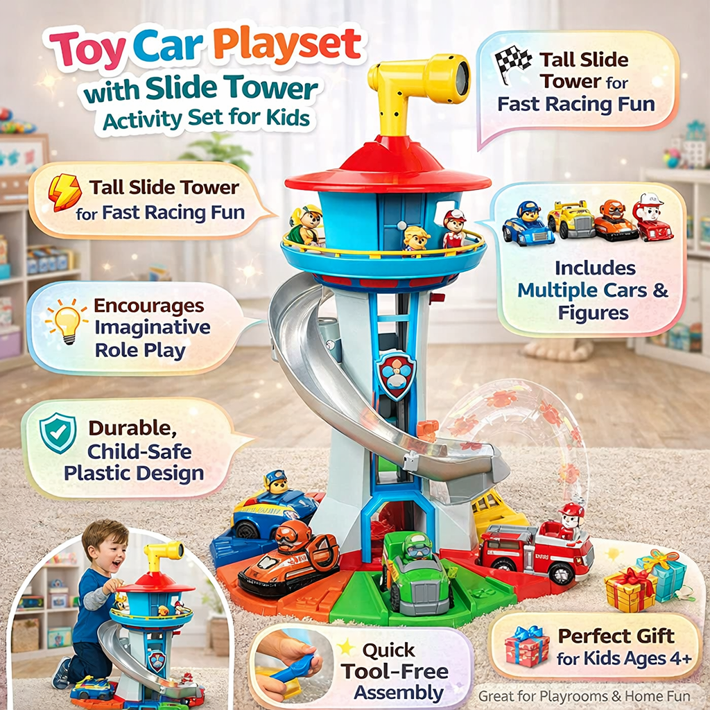 Toy Car Playset Kids Slide Tower Multi Level Activity Set - Image 4
