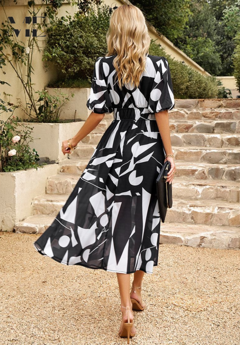 Women's Classic Multicolored Summer Floral Midi Dress with Puff Sleeves