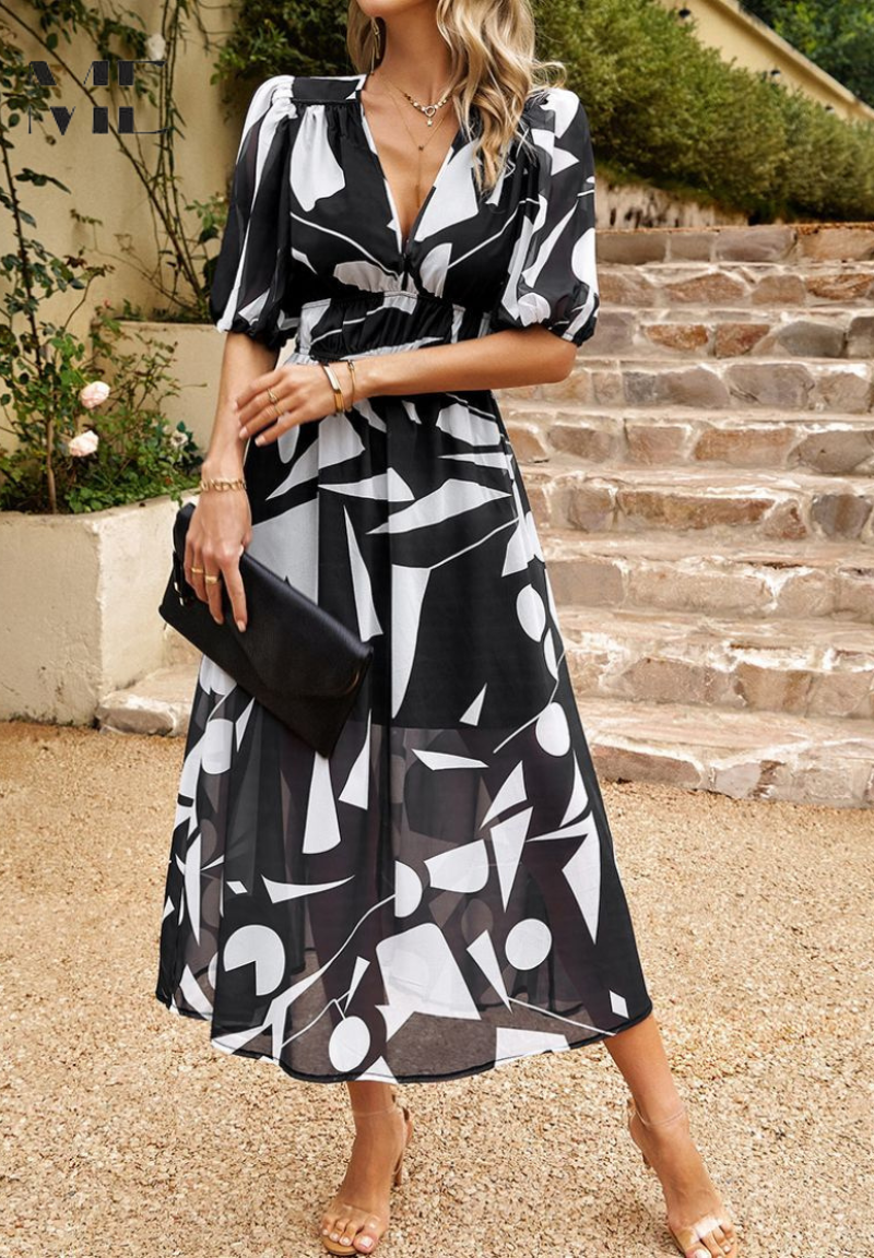 Women's Classic Multicolored Summer Floral Midi Dress with Puff Sleeves