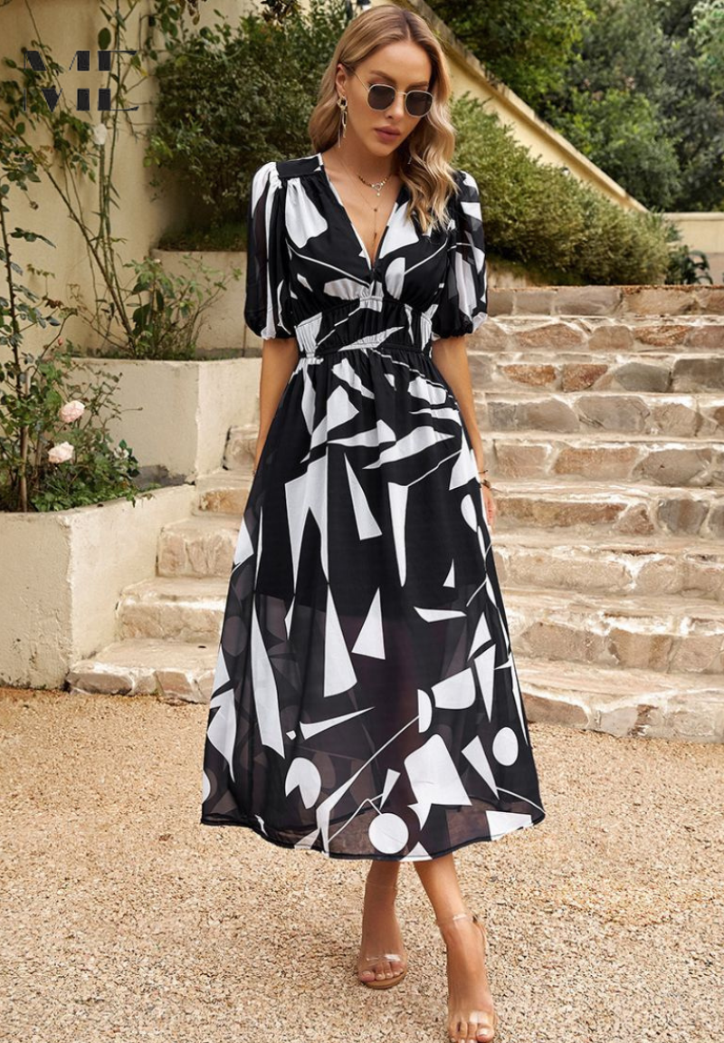 Women's Classic Multicolored Summer Floral Midi Dress with Puff Sleeves