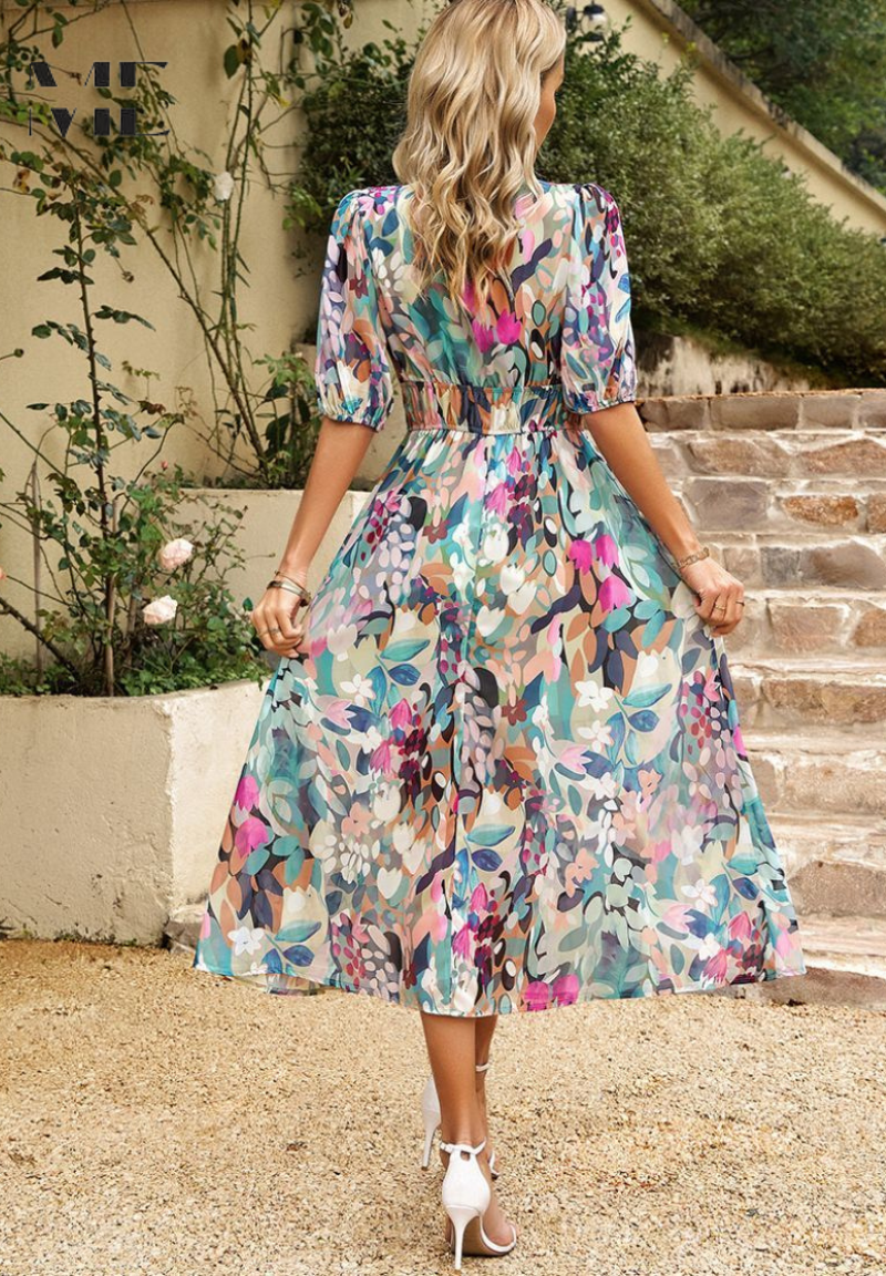 Women's Classic Multicolored Summer Floral Midi Dress with Puff Sleeves