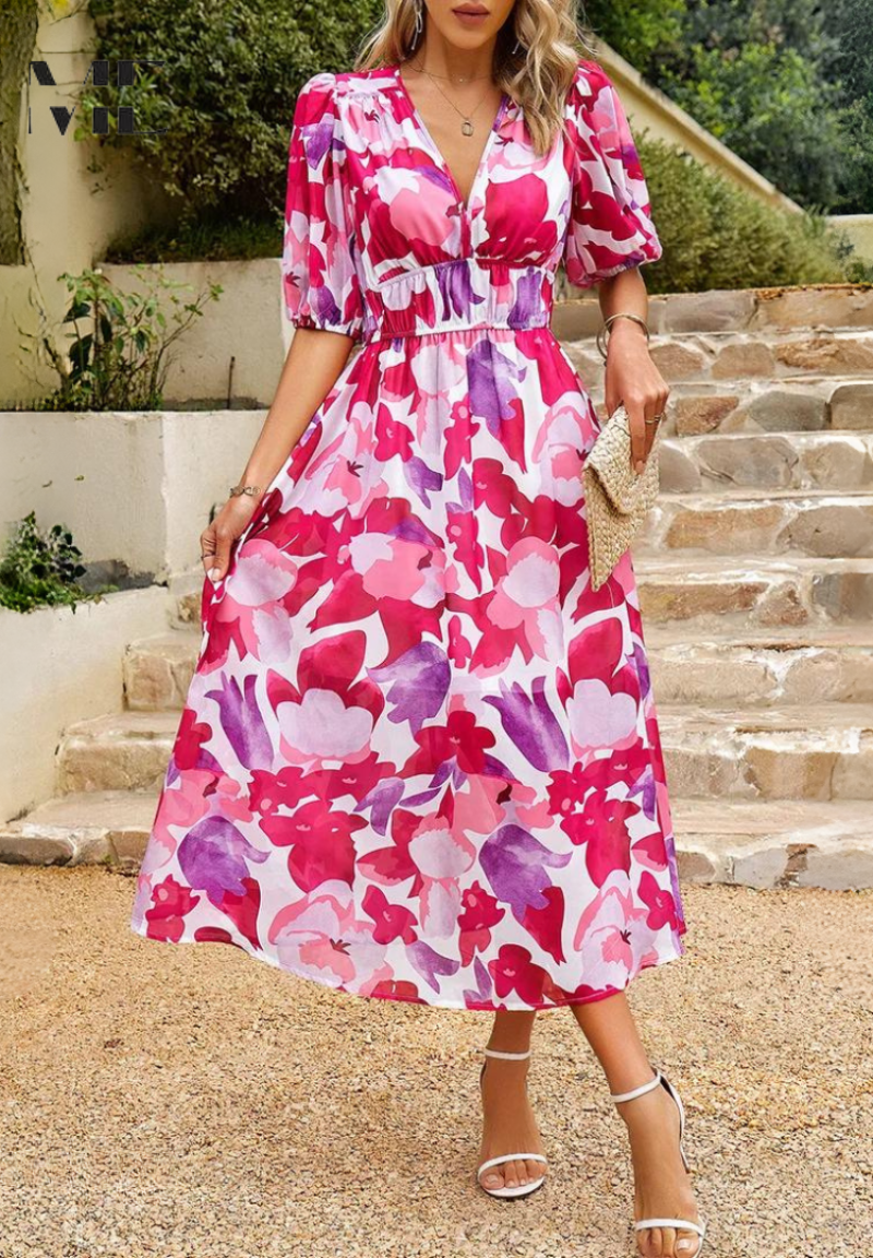 Women's Classic Multicolored Summer Floral Midi Dress with Puff Sleeves