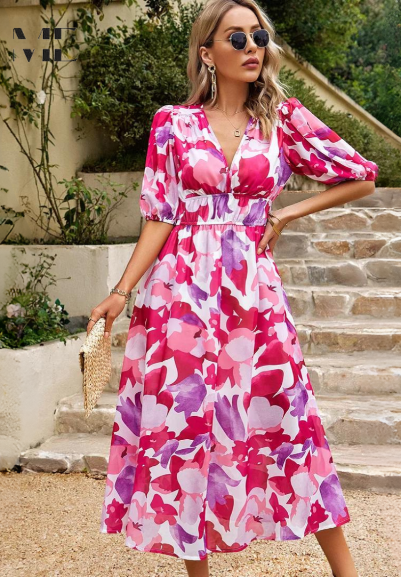 Women's Classic Multicolored Summer Floral Midi Dress with Puff Sleeves