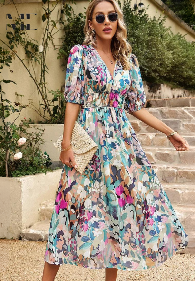 Women's Classic Multicolored Summer Floral Midi Dress with Puff Sleeves
