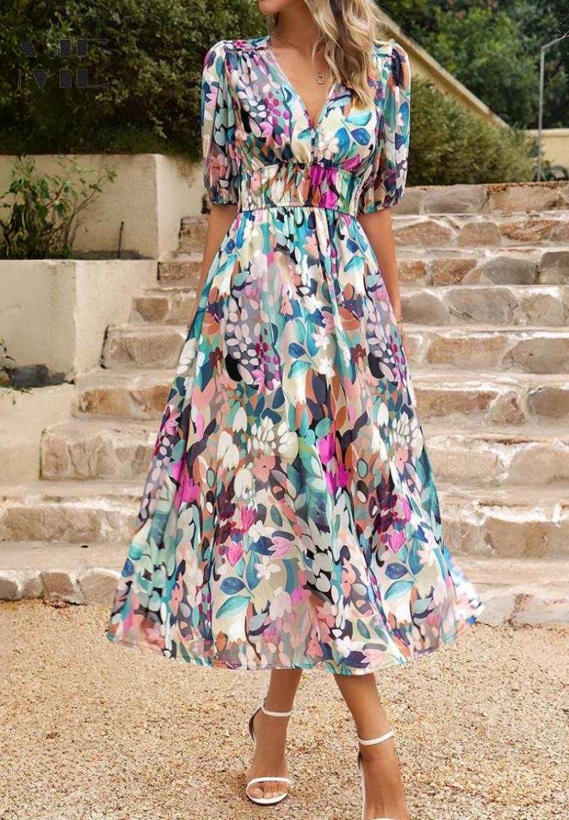 Women's Classic Multicolored Summer Floral Midi Dress with Puff Sleeves