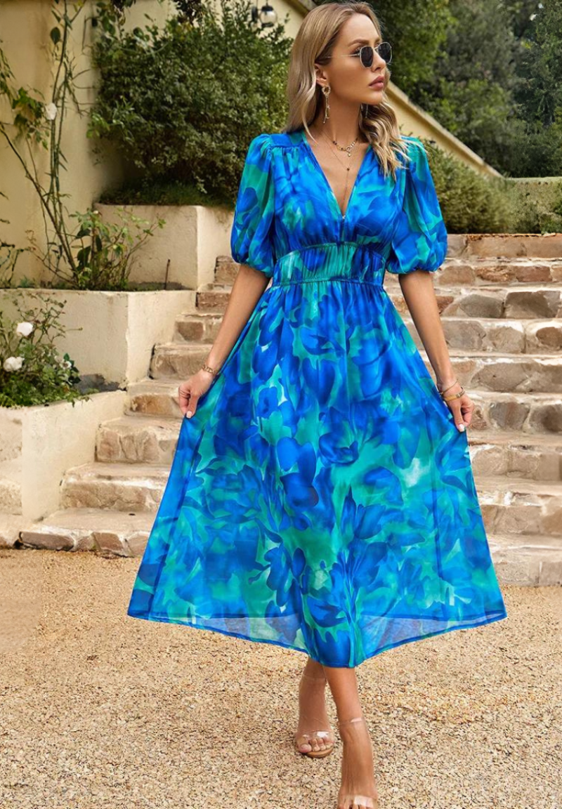 Women's Classic Multicolored Summer Floral Midi Dress with Puff Sleeves