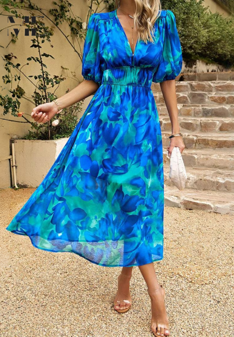 Women's Classic Multicolored Summer Floral Midi Dress with Puff Sleeves