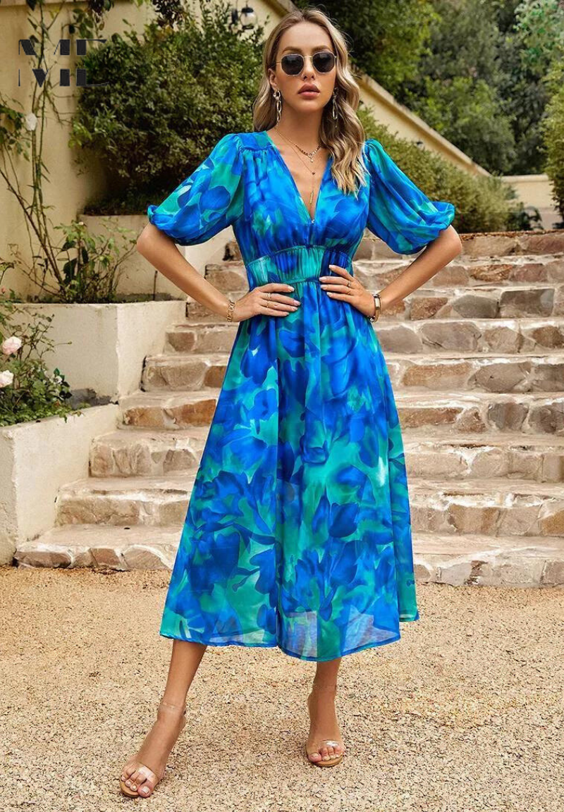 Women's Classic Multicolored Summer Floral Midi Dress with Puff Sleeves