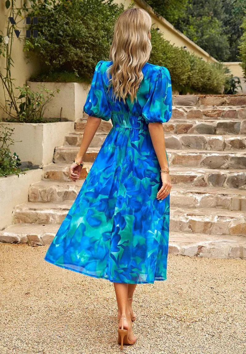 Women's Classic Multicolored Summer Floral Midi Dress with Puff Sleeves