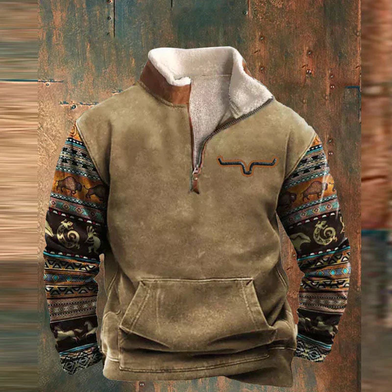 Men's Warm Stand-up Collar Western Sweater with Quarter-Zip