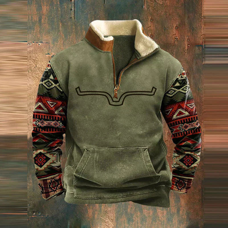 Men's Warm Stand-up Collar Western Sweater with Quarter-Zip