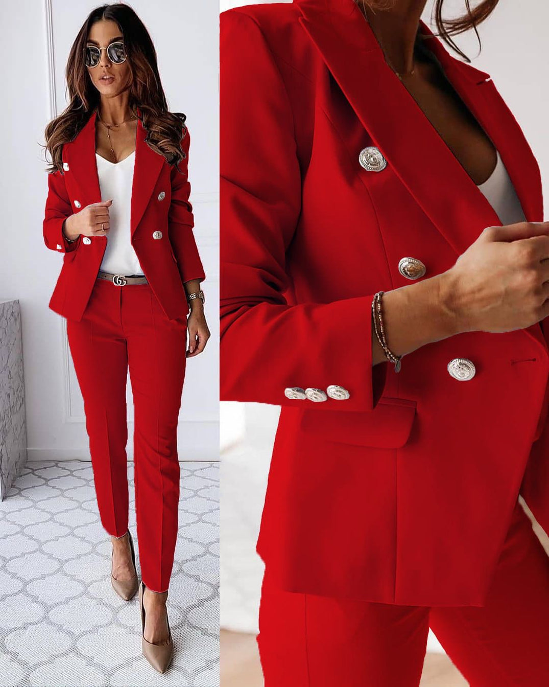 Women's Timeless Two-Pieces Suit Set with Elegant Top and Fitted Trousers