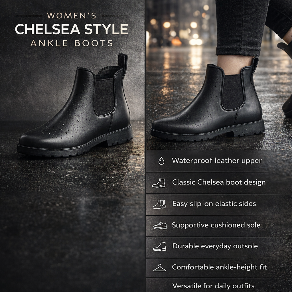 Women's Chelsea Boots Waterproof Leather Slip On Ankle Booties - Image 5