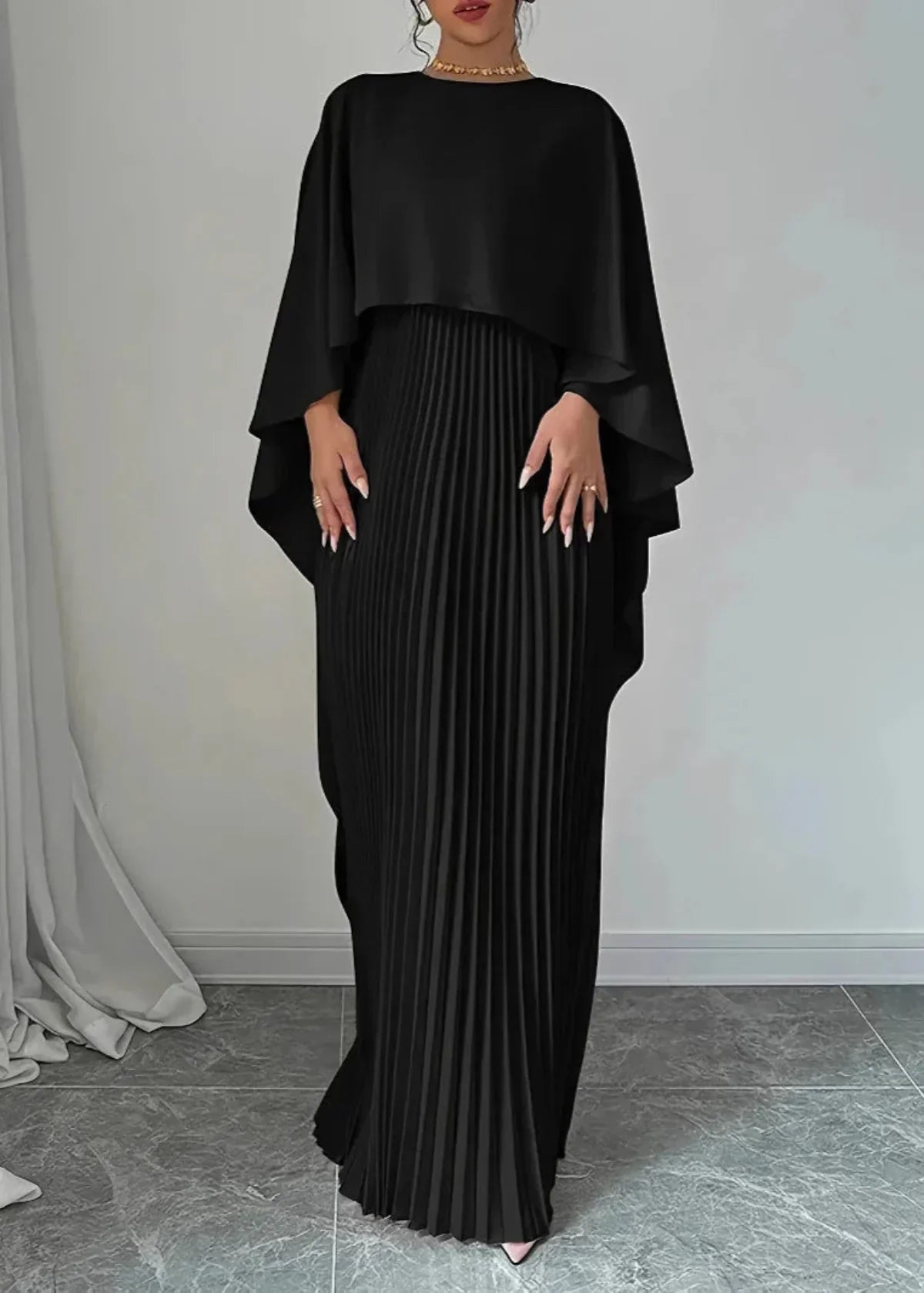 Women's Batwing Sleeve Pleated Evening Maxi Dress with Round Neckline