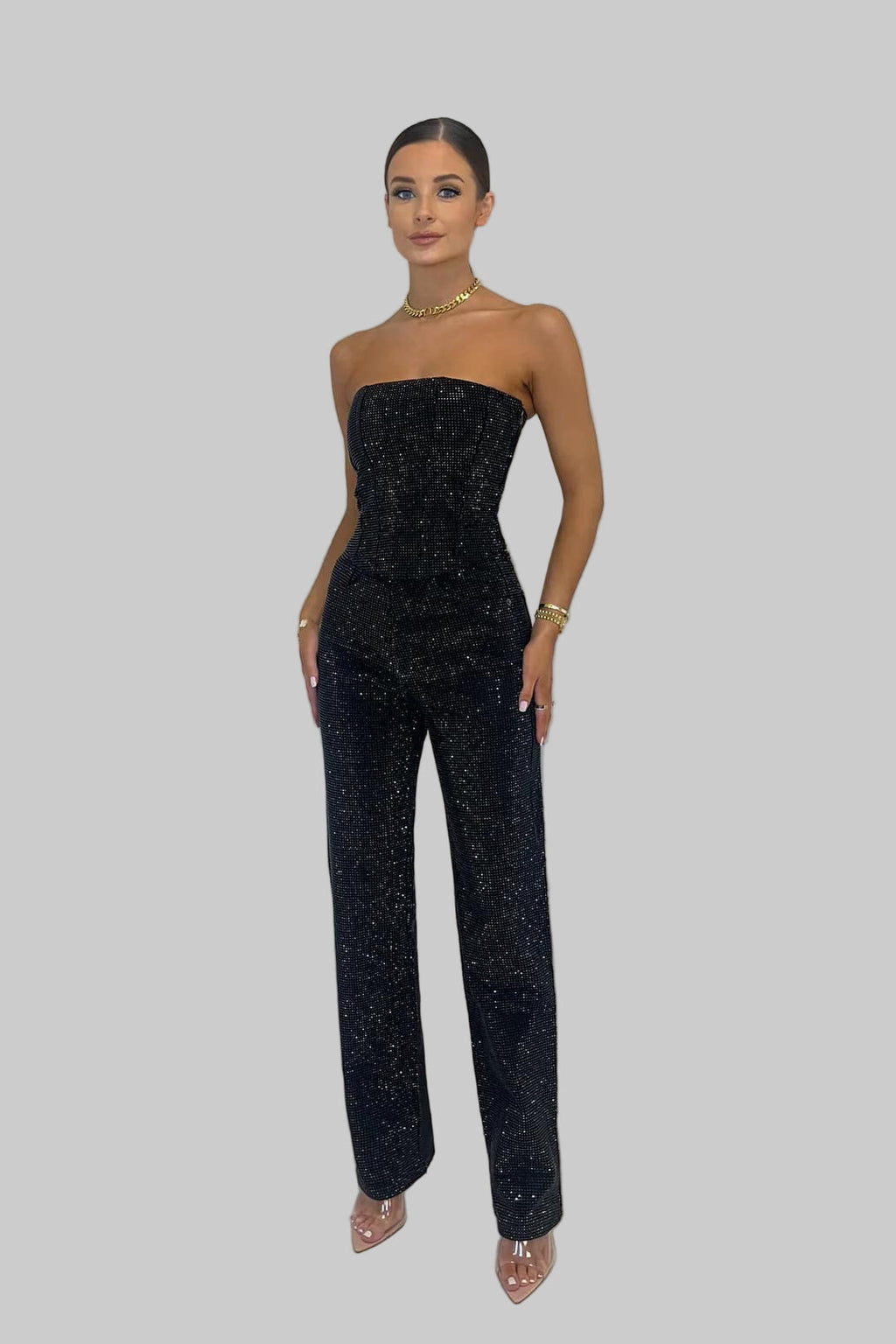 Shimmering Strapless Trousers and High-Waist Jeans Set for Women