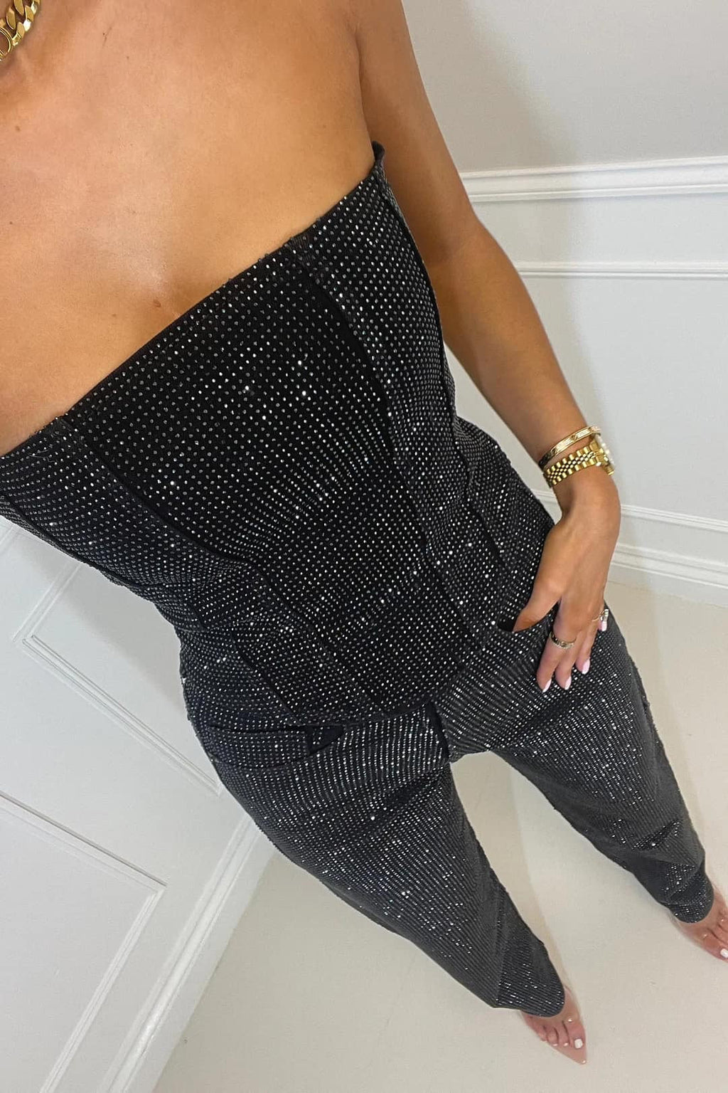 Shimmering Strapless Trousers and High-Waist Jeans Set for Women