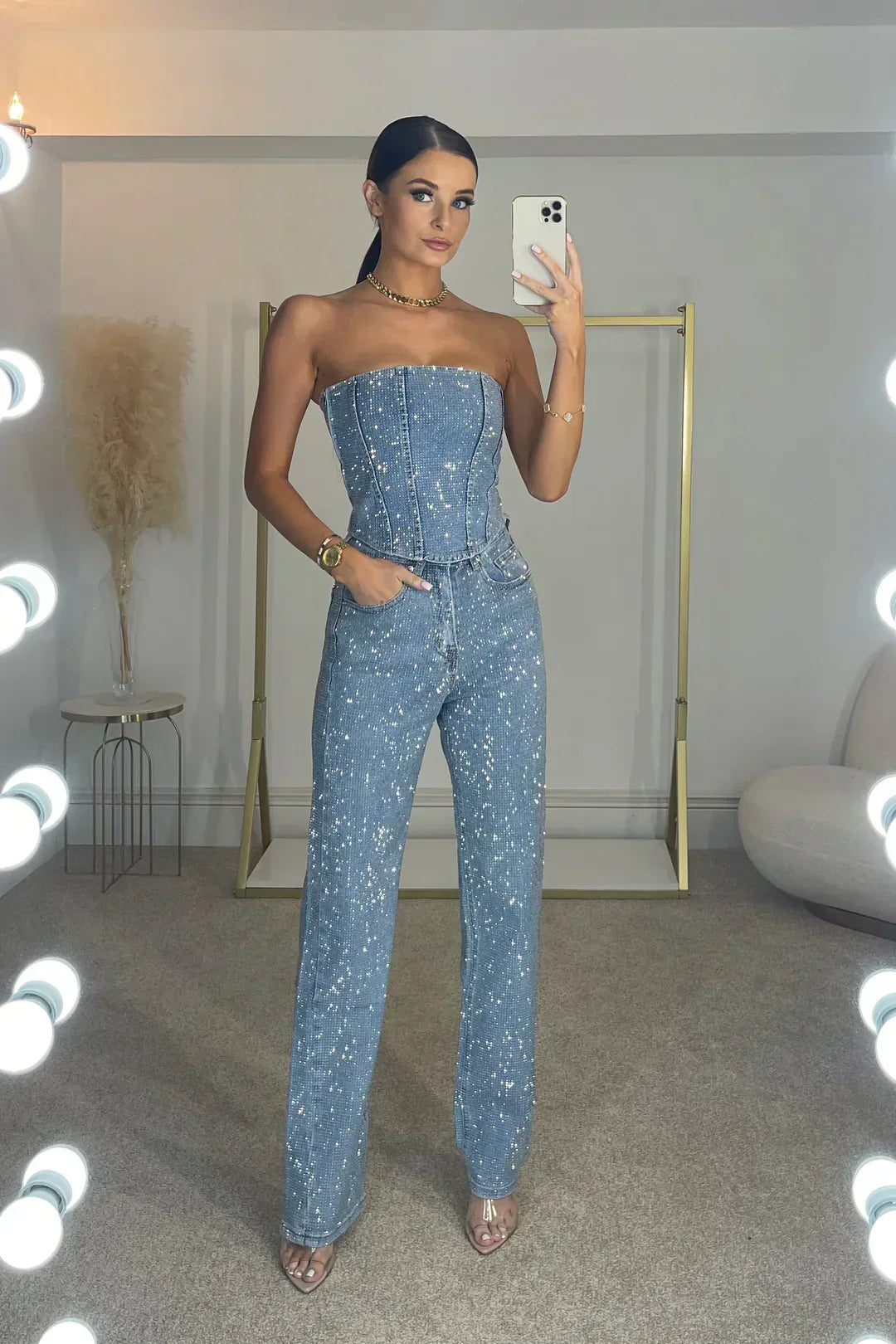 Shimmering Strapless Trousers and High-Waist Jeans Set for Women