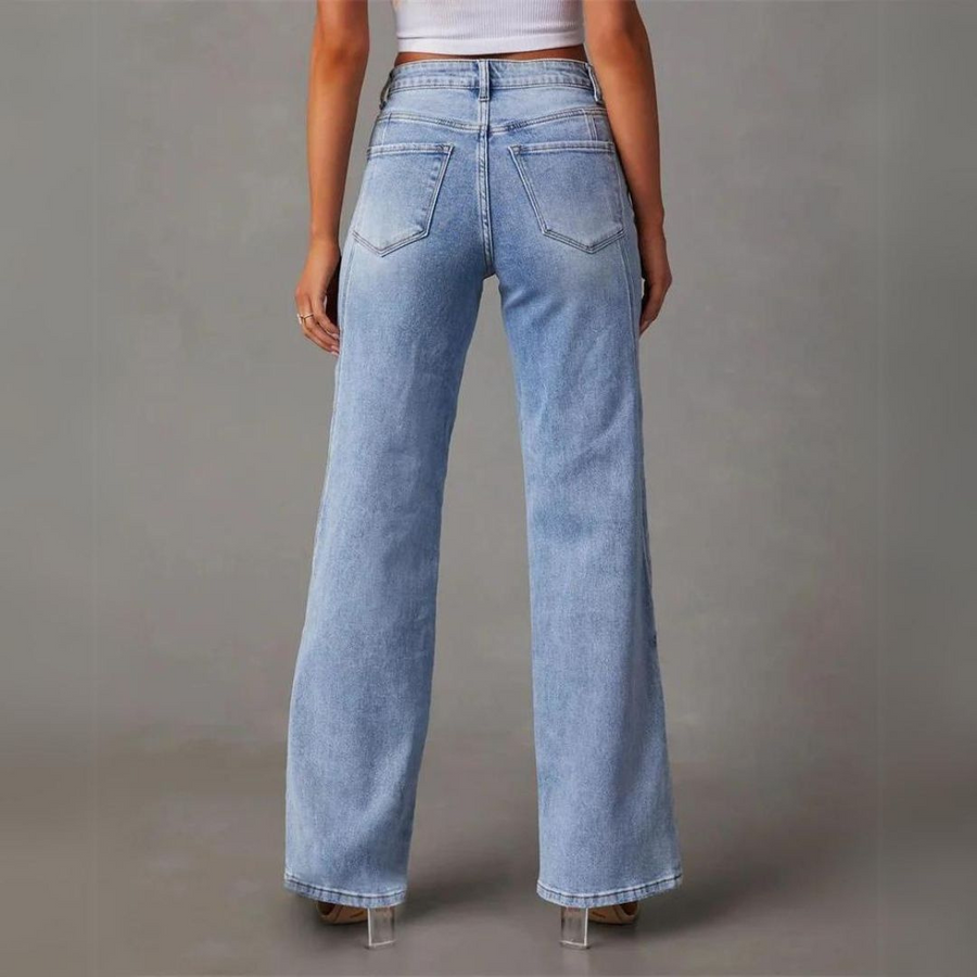 Women's Elegant Front Button High Waisted Baggy Jeans with Pockets