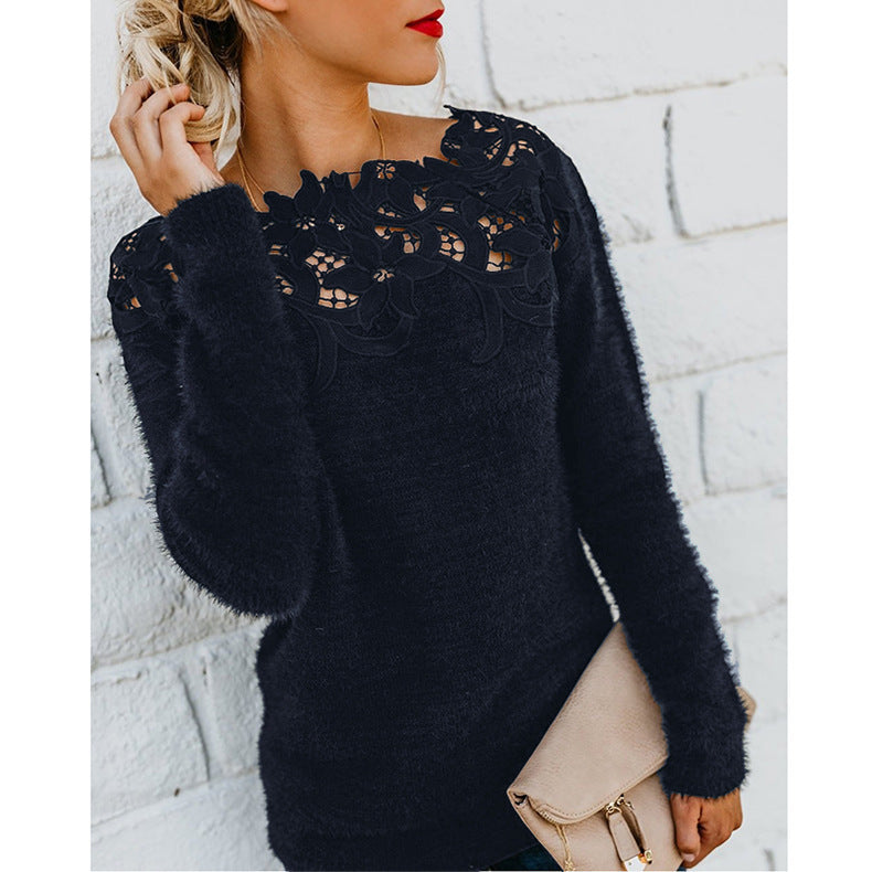 Women's Elegant Warm Fitted Jumper with Floral Pattern