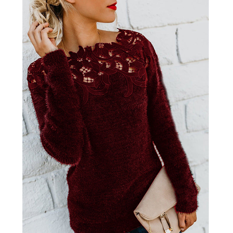 Women's Elegant Warm Fitted Jumper with Floral Pattern