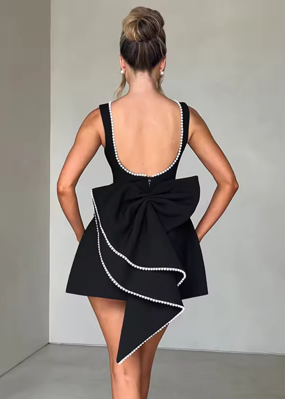 Women’s Elegant Open Back Mini Evening Party Dress with Pearl Trim and Back Bow