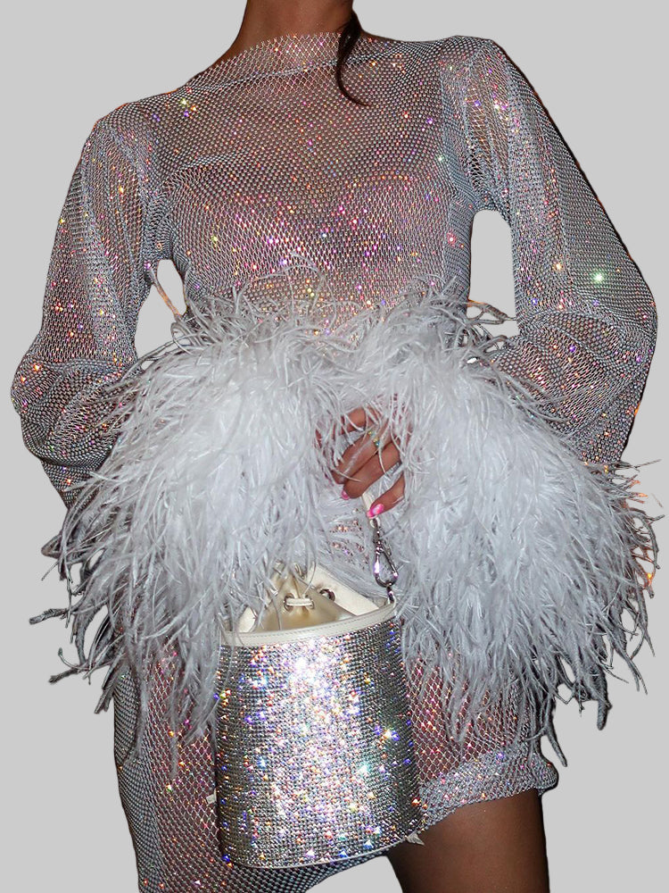 Women’s Sparkly Fitted Mini Party Long Dress with Feather Cuffs