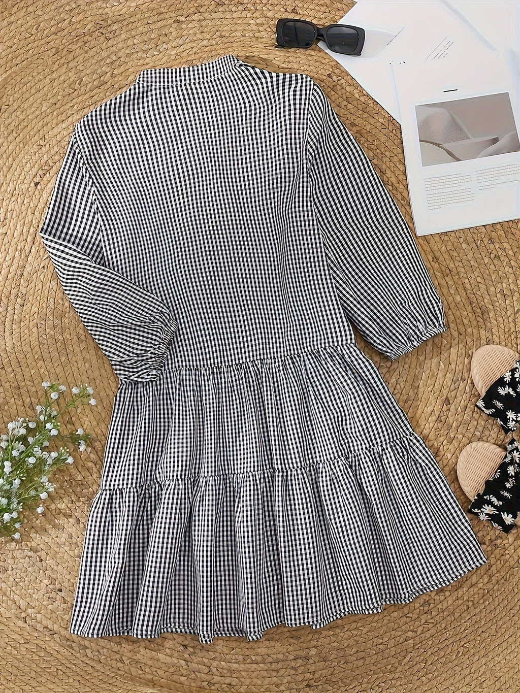 Women's Sunny Gingham Stripes Summer Dress with Airy 3/4 Puffed Sleeves