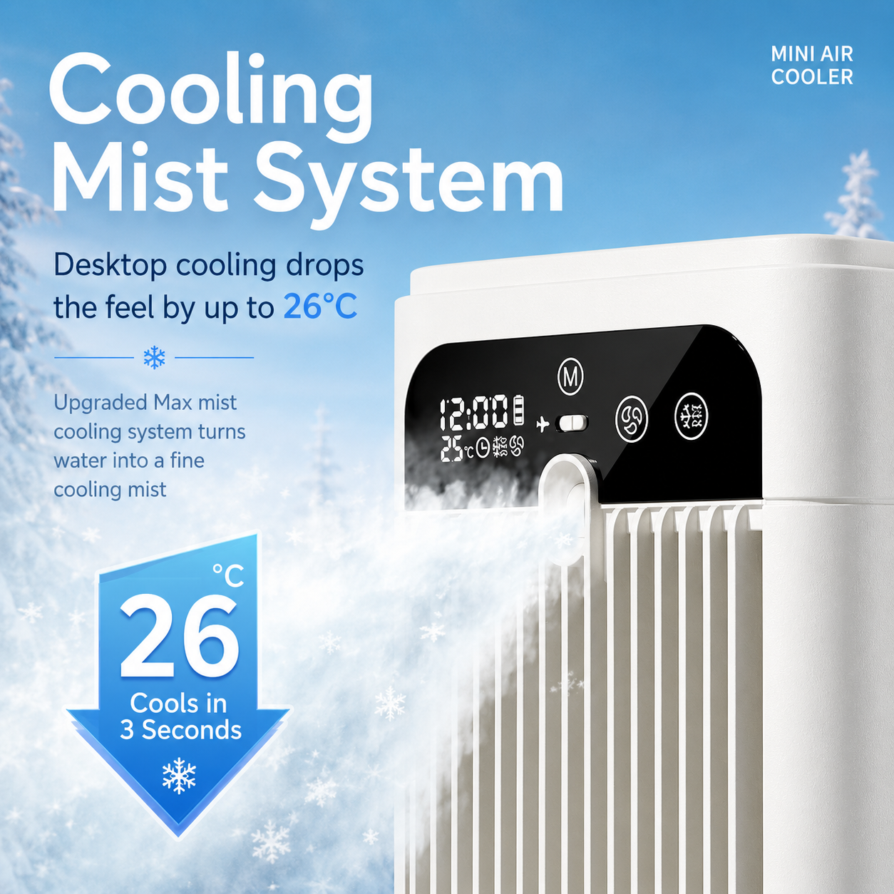 Mini Desktop Air Cooler Fan - Portable Mist Cooling Fan with 370mL Water Tank & Touch Display