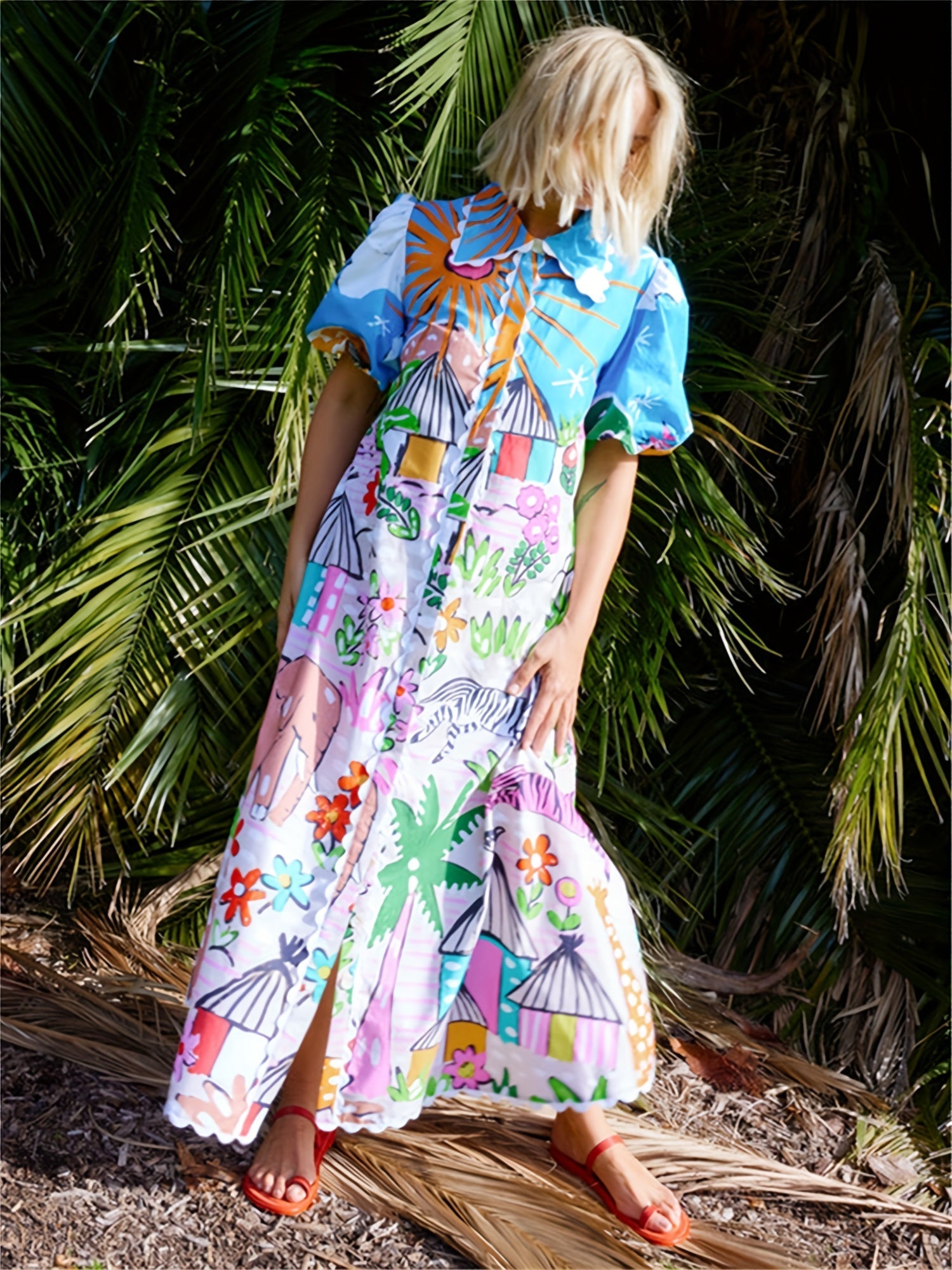 Trendy Sunny Tropical-Inspire Chic Midi Summer Dress for Women
