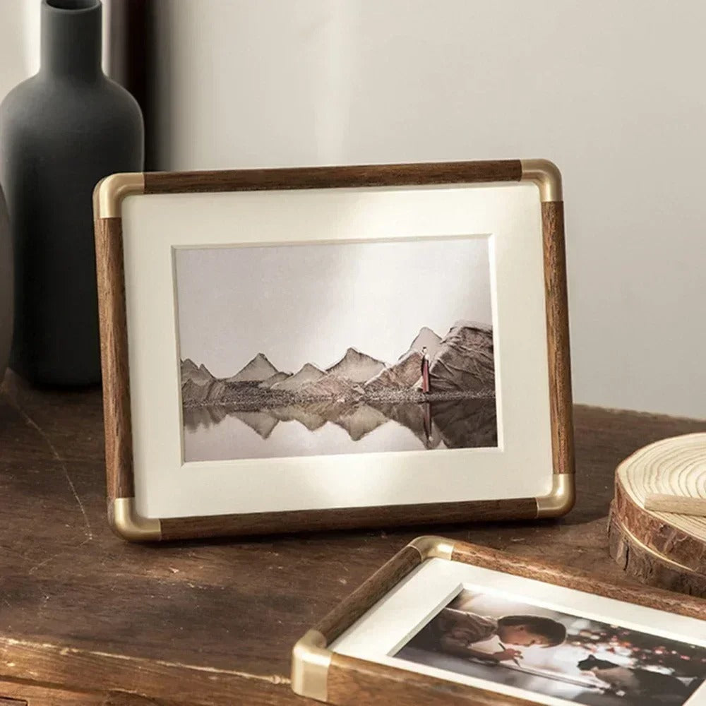 Tabletop Photo Frame Vintage Wood Brass Freestanding Desk Decor - Image 5