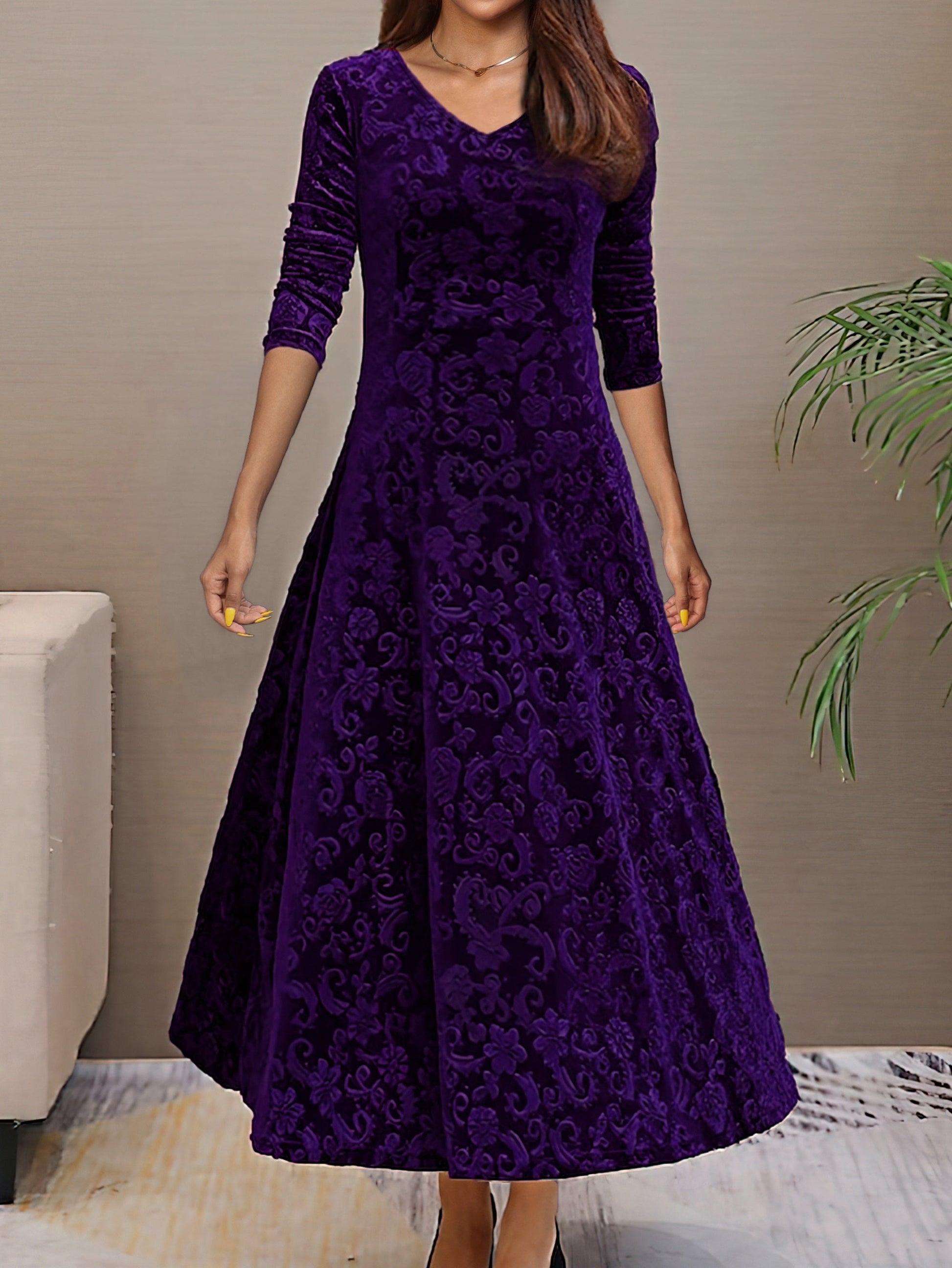 Women's Elegant V-Neck Long Sleeve Formal Dress with Floral Pattern