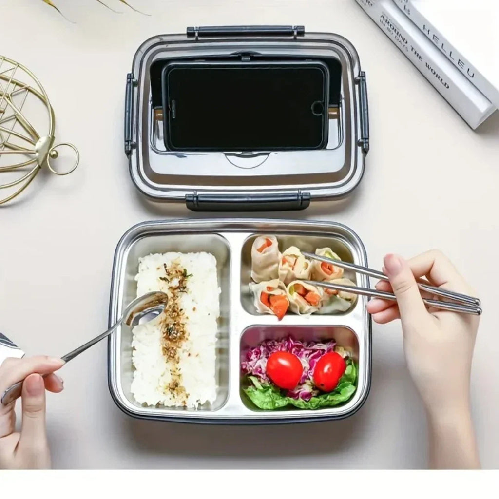Stainless Steel Bento Lunch Box Phone Stand Lid