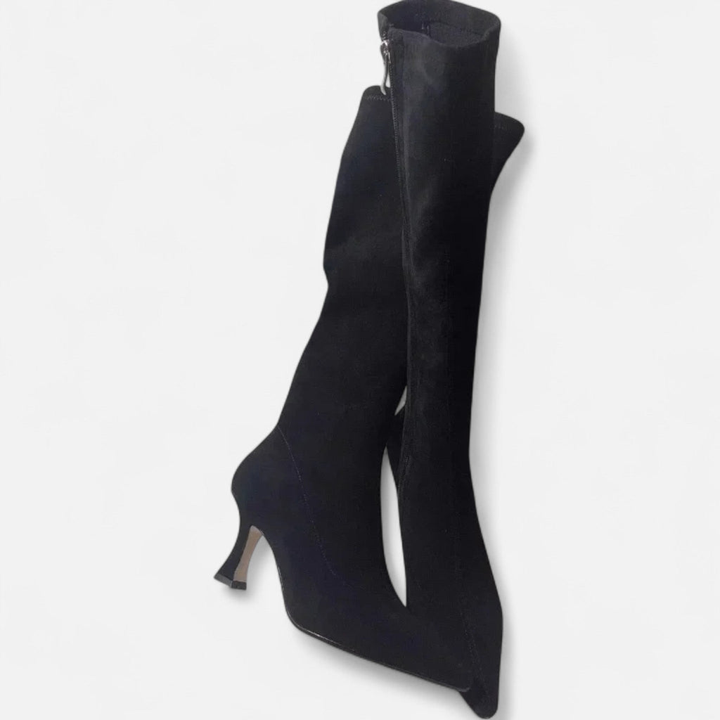 Women’s Sleek Suede Thigh-High Heeled Boots with Pointed Toe