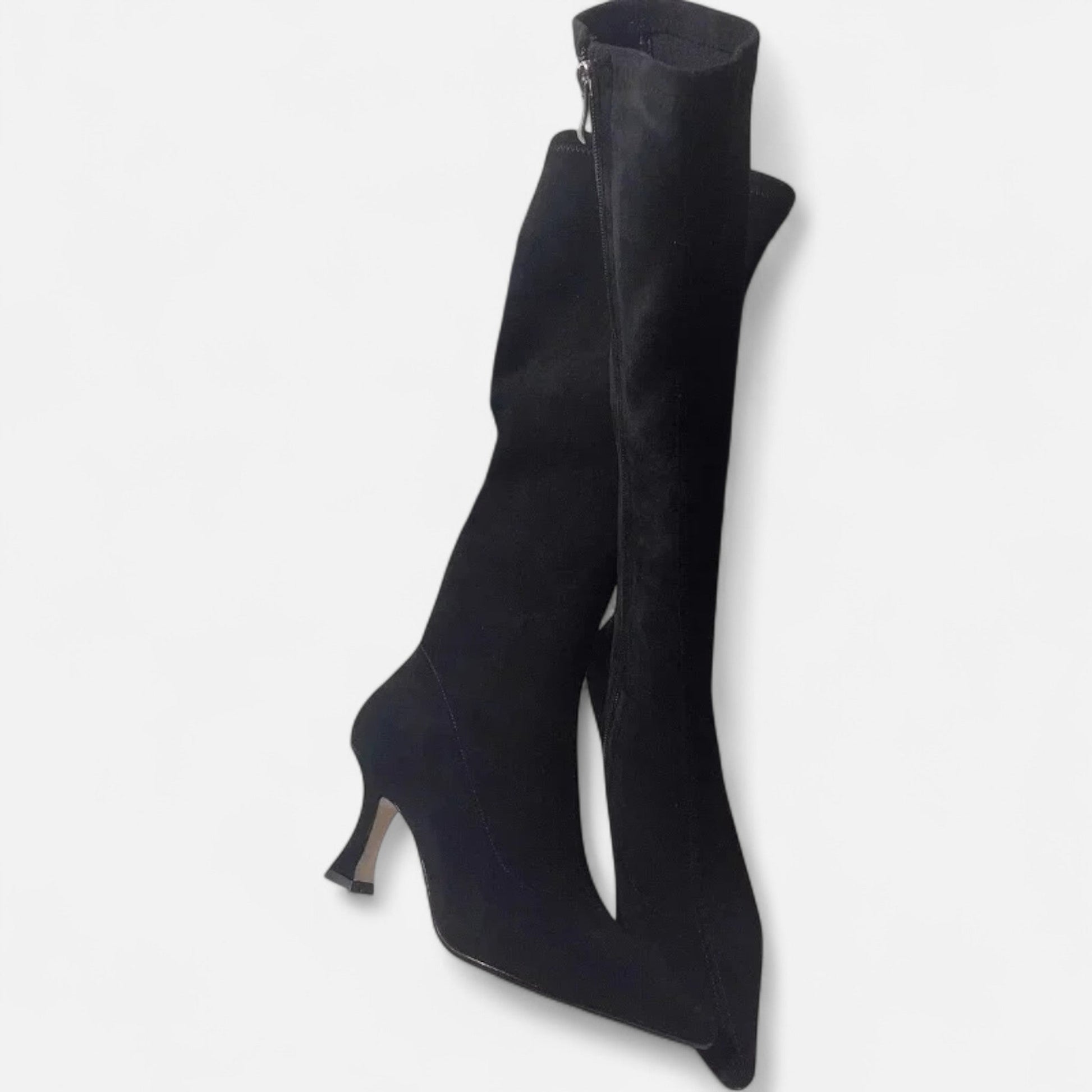 Women’s Sleek Suede Thigh-High Heeled Boots with Pointed Toe