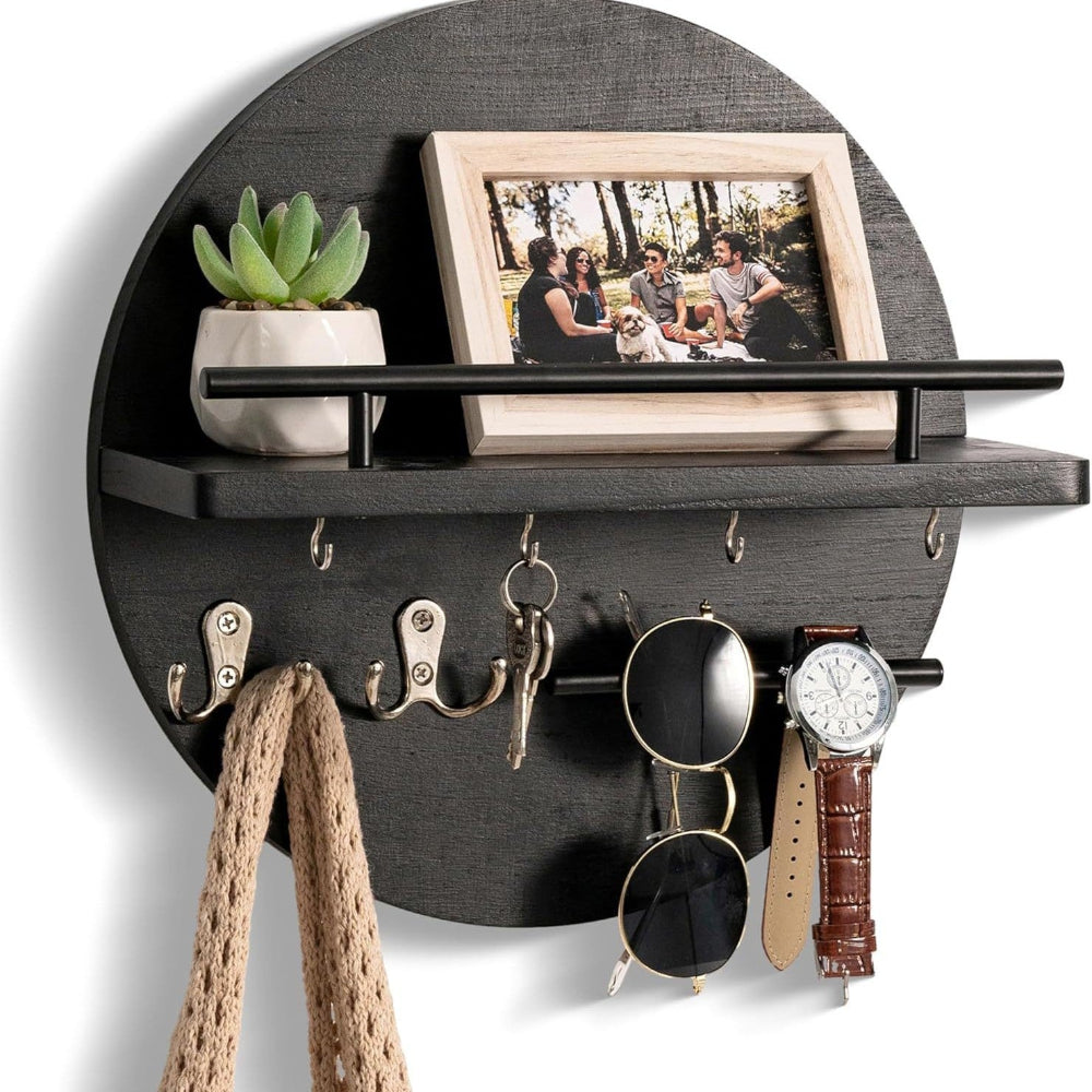 Wooden Key Holder Wall Mounted Entryway Organizer Round Decorative Rack - Image 2