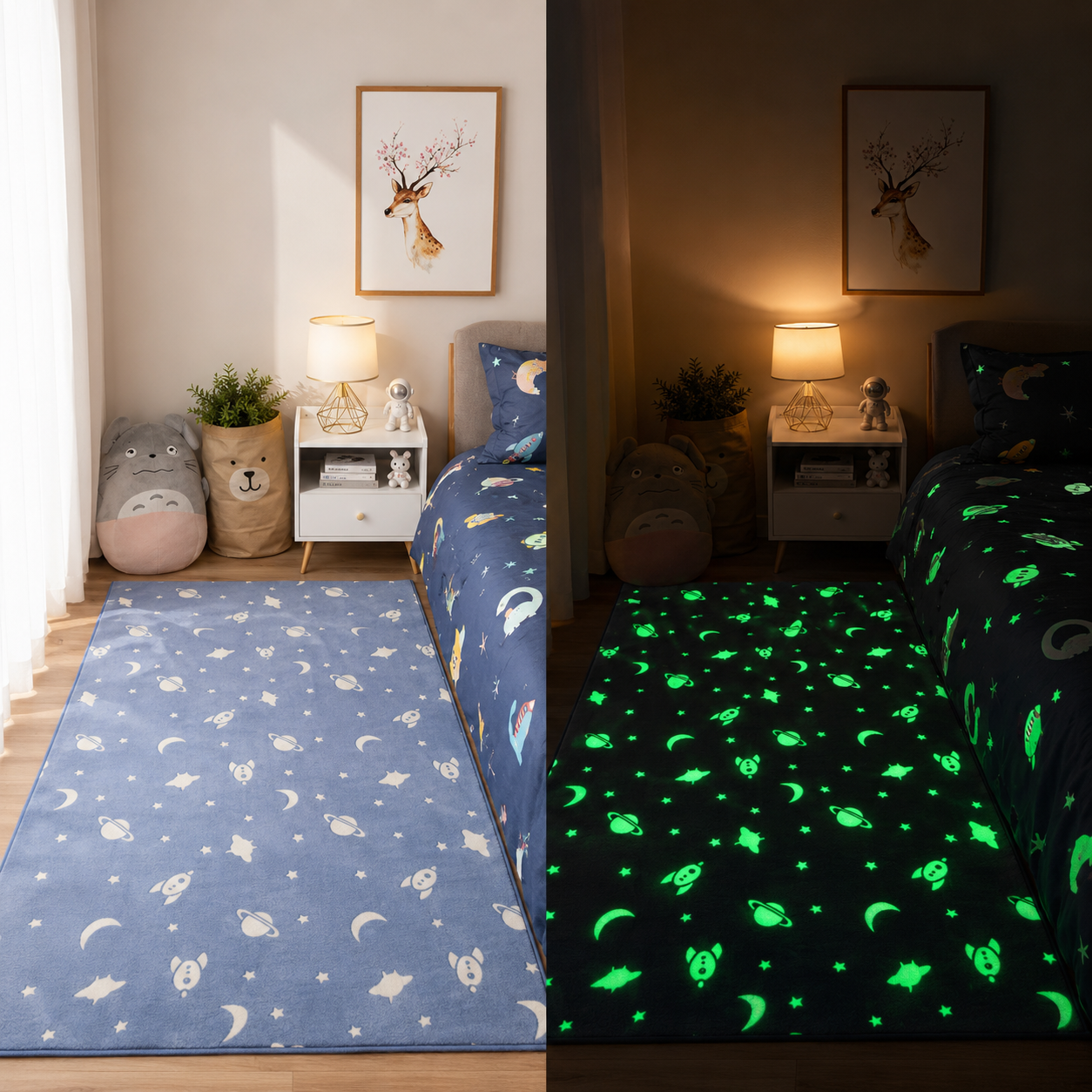 Magical Glow in the Dark Kids Rug with Moon and Star Design
