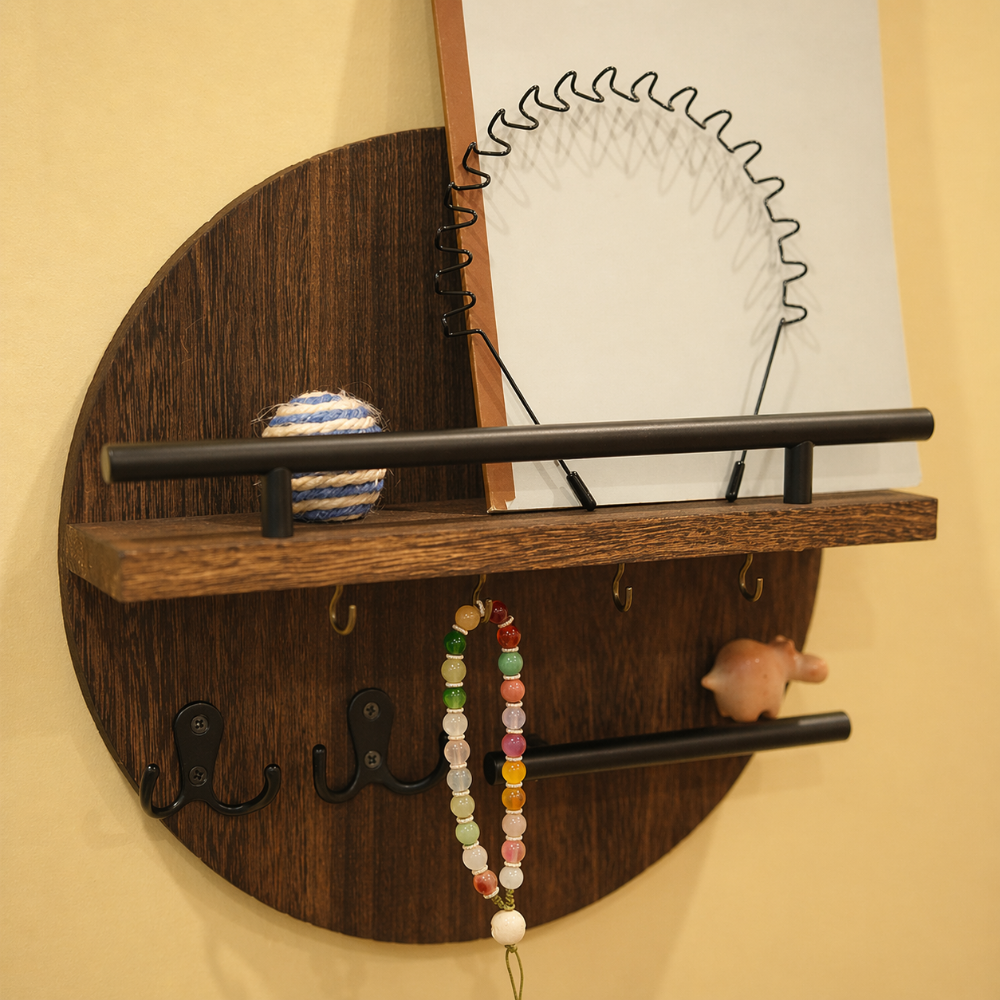 Wooden Key Holder Wall Mounted Entryway Organizer Round Decorative Rack - Image 3