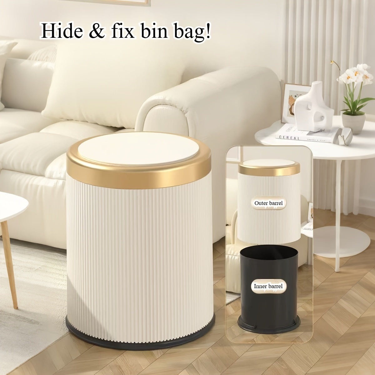 Modern Trash Can Oval Press Top Bathroom Bin Dual Inner Bucket - Image 9