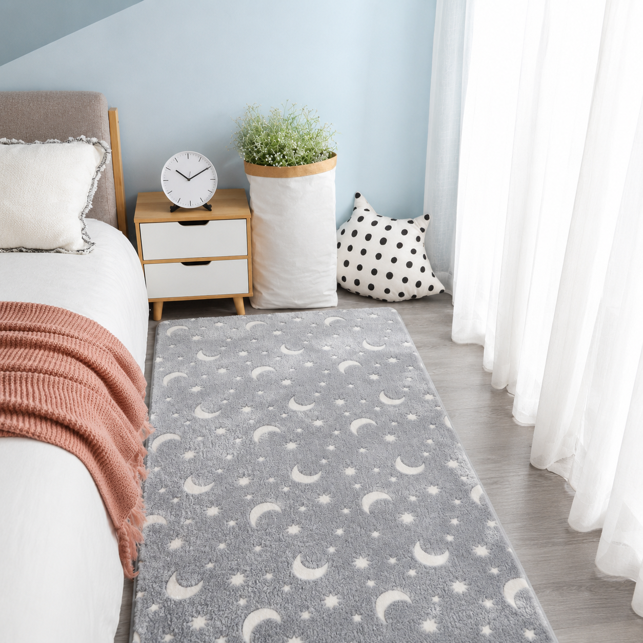 Magical Glow in the Dark Kids Rug with Moon and Star Design