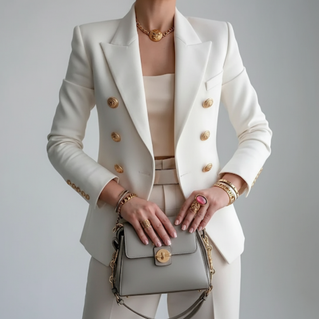 Women's Formal Business Office Blazer with Gold Buttons and Notch Lapel