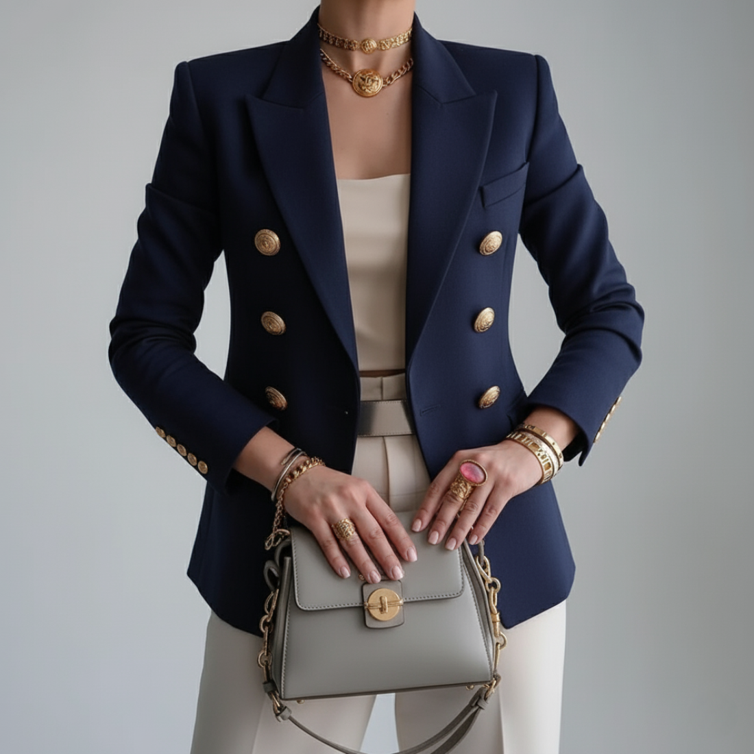 Women's Formal Business Office Blazer with Gold Buttons and Notch Lapel