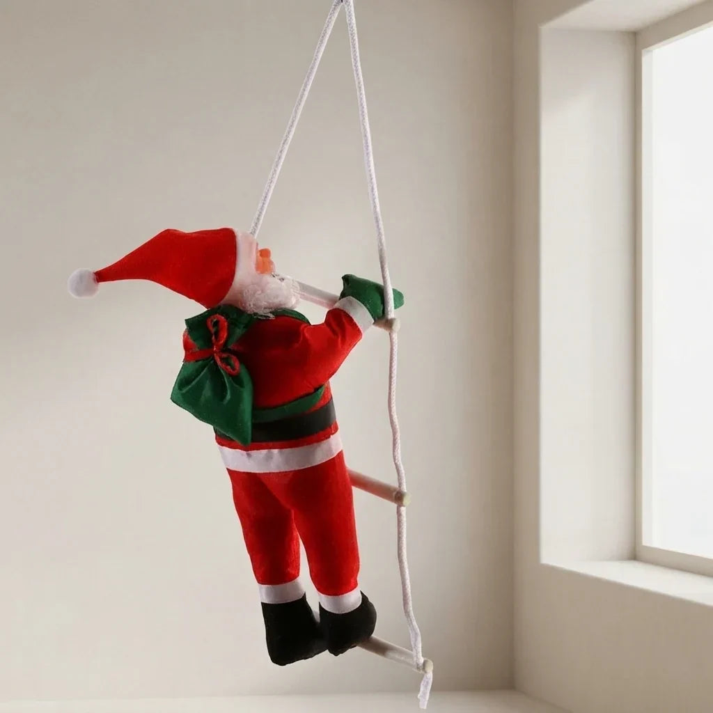 Fabric Hanging Christmas Ornament Climbing Santa on Rope Ladder